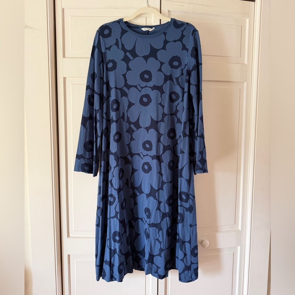 Marimekko EUC Blue Floral Long-Sleeve A-Line Jersey Dress
